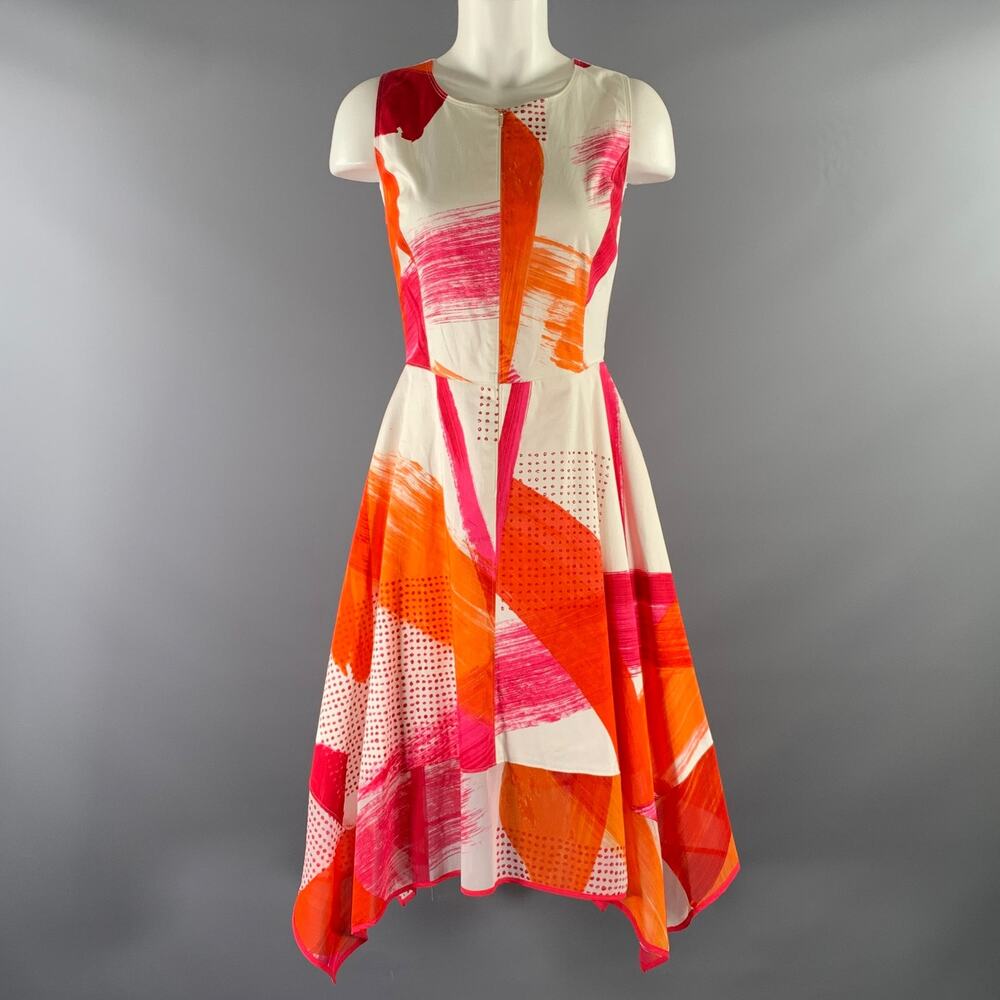 DONNA KARAN SS 2018 Size M Orange Fuchsia Cotton  Spandex Geometric A-Line Dress